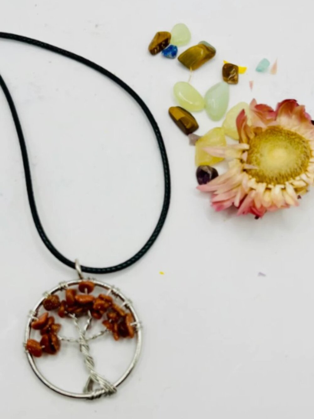 Boho Goldstone Tree of Life Crystal Wire Wrapped Pendant Necklace Leather